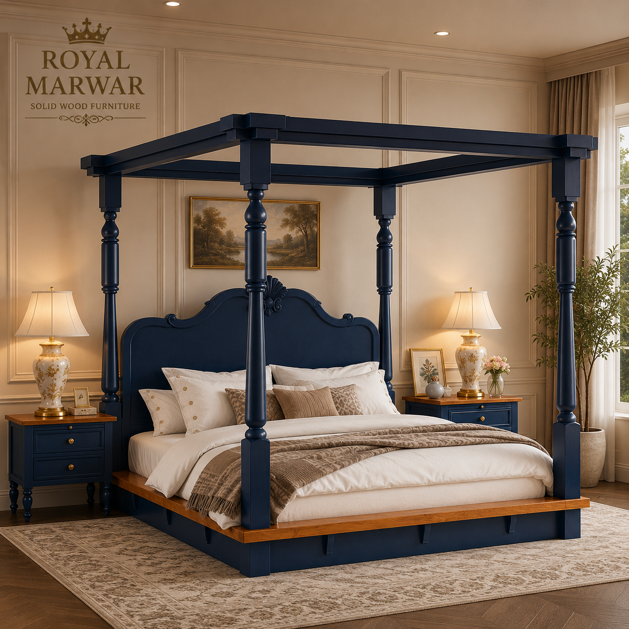 Royal Marwar Solid Sheesham Wood Four Poster Bed | King & California King Size | Luxury Canopy Bed | Premium Solid Wood Bed Frame