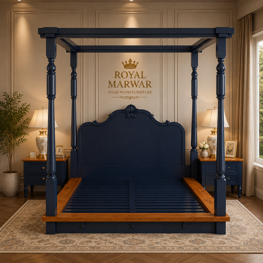 Royal Marwar Solid Sheesham Wood Four Poster Bed | King & California King Size | Luxury Canopy Bed | Premium Solid Wood Bed Frame