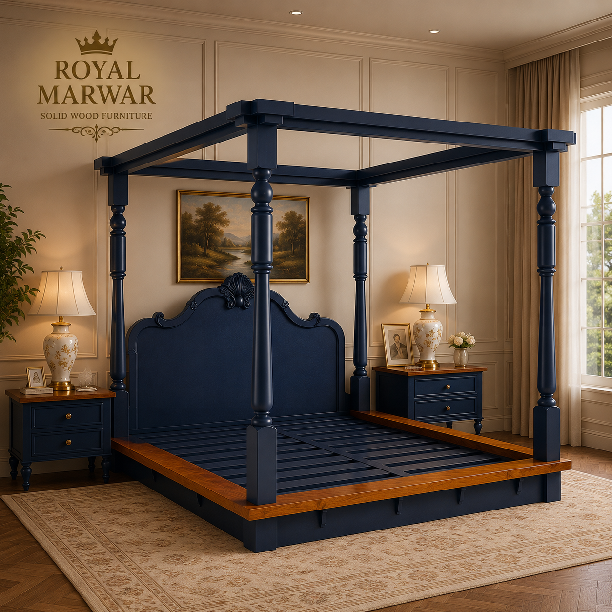 Royal Marwar Solid Sheesham Wood Four Poster Bed | King & California King Size | Luxury Canopy Bed | Premium Solid Wood Bed Frame
