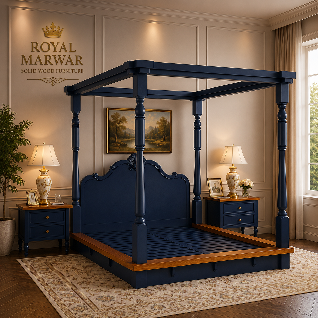 Royal Marwar Solid Sheesham Wood Four Poster Bed | King & California King Size | Luxury Canopy Bed | Premium Solid Wood Bed Frame