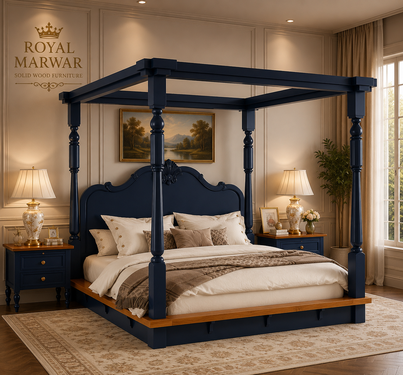 Royal Marwar Solid Sheesham Wood Four Poster Bed | King & California King Size | Luxury Canopy Bed | Premium Solid Wood Bed Frame