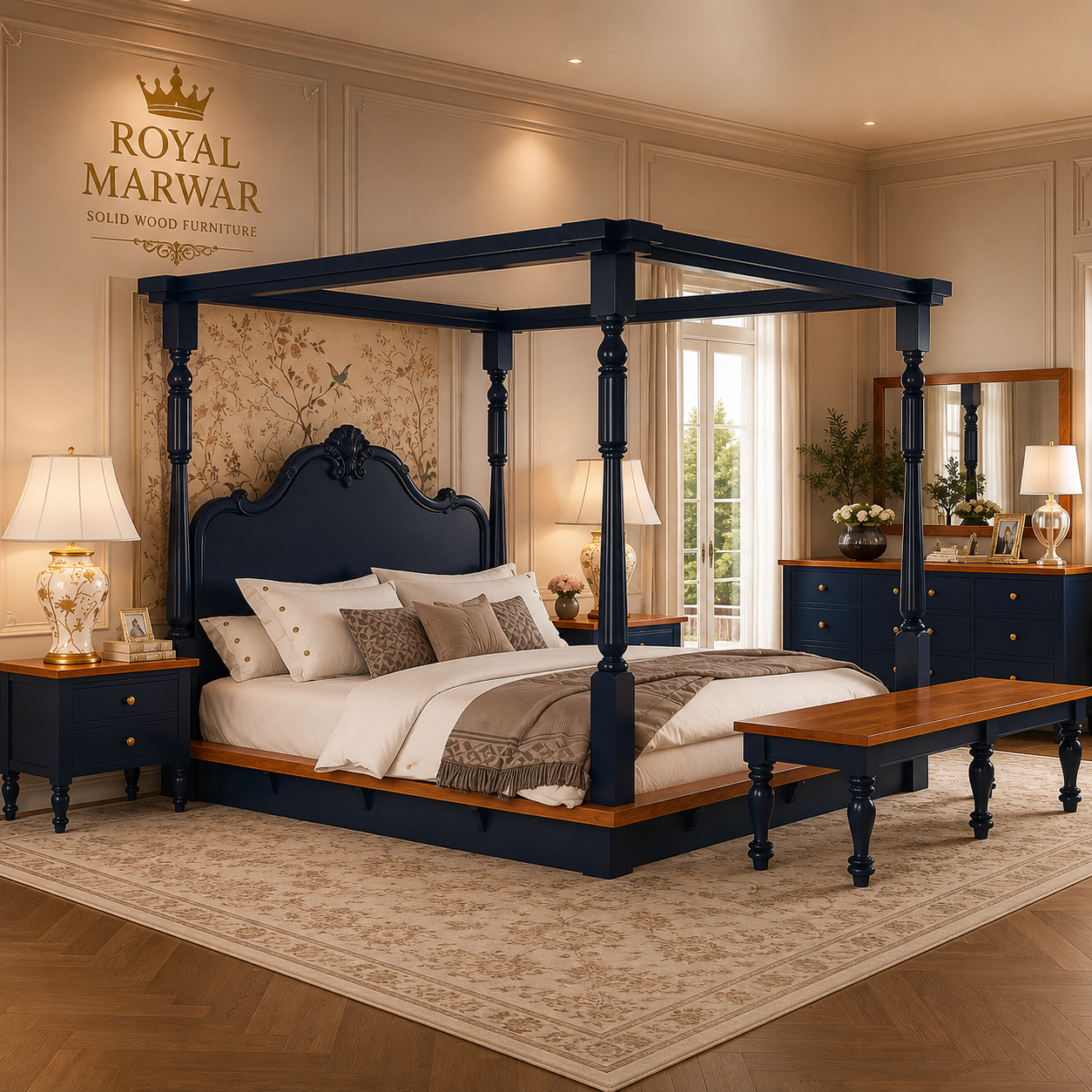 Royal Marwar Solid Sheesham Wood Four Poster Bed | King & California King Size | Luxury Canopy Bed | Premium Solid Wood Bed Frame