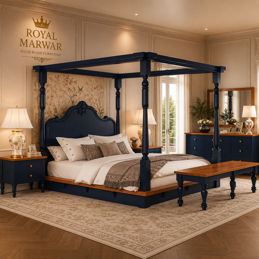 Royal Marwar Solid Sheesham Wood Four Poster Bed | King & California King Size | Luxury Canopy Bed | Premium Solid Wood Bed Frame