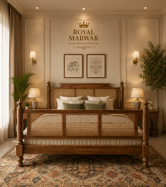 Royal Marwar Solid Sheesham Wood Cane Bed | Queen, King & California King | Handcrafted Solid Wood Bed | Honey Finish