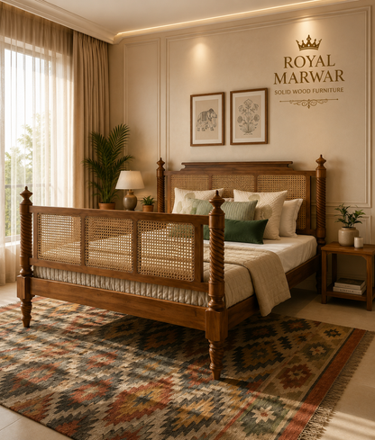 Royal Marwar Solid Sheesham Wood Cane Bed | Queen, King & California King | Handcrafted Solid Wood Bed | Honey Finish