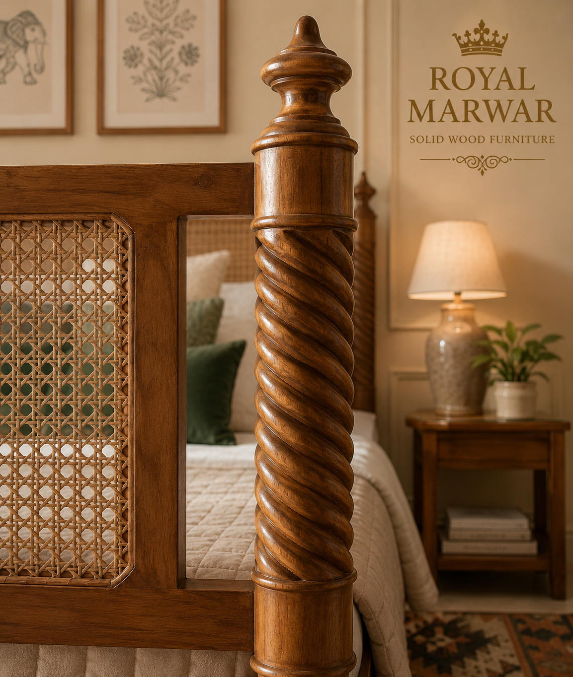 Royal Marwar Solid Sheesham Wood Cane Bed | Queen, King & California King | Handcrafted Solid Wood Bed | Honey Finish