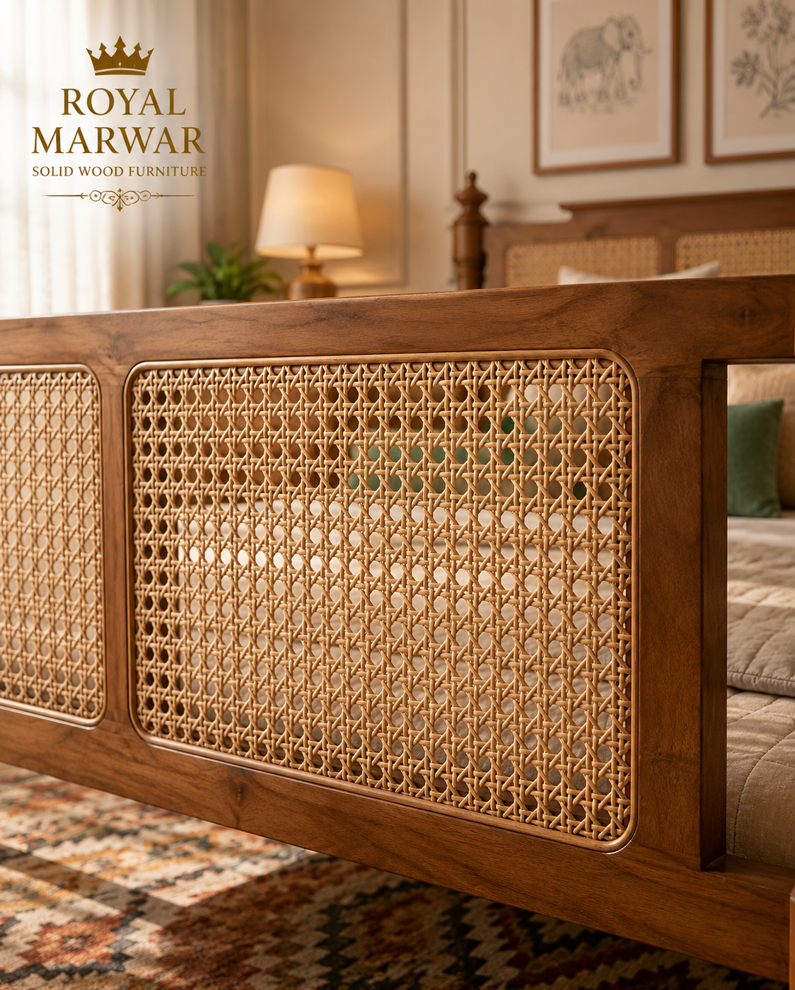 Royal Marwar Solid Sheesham Wood Cane Bed | Queen, King & California King | Handcrafted Solid Wood Bed | Honey Finish