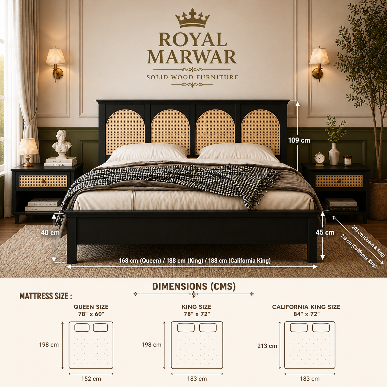 Royal Marwar Solid Sheesham Wood Cane Bed | Queen, King & California King | Black Finish