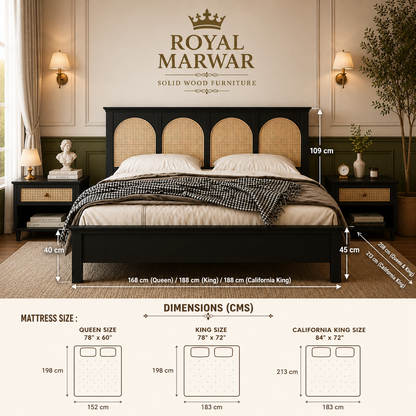 Royal Marwar Solid Sheesham Wood Cane Bed | Queen, King & California King | Black Finish
