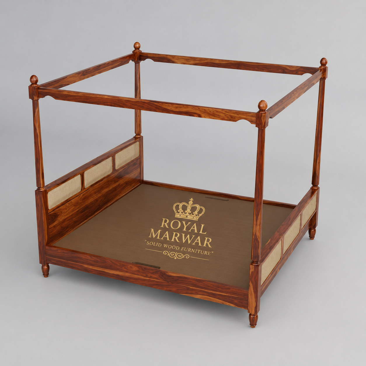 Royal Marwar Solid Sheesham Wood Four Poster Cane Bed | King Size | Premium Canopy Bed | Walnut Finish
