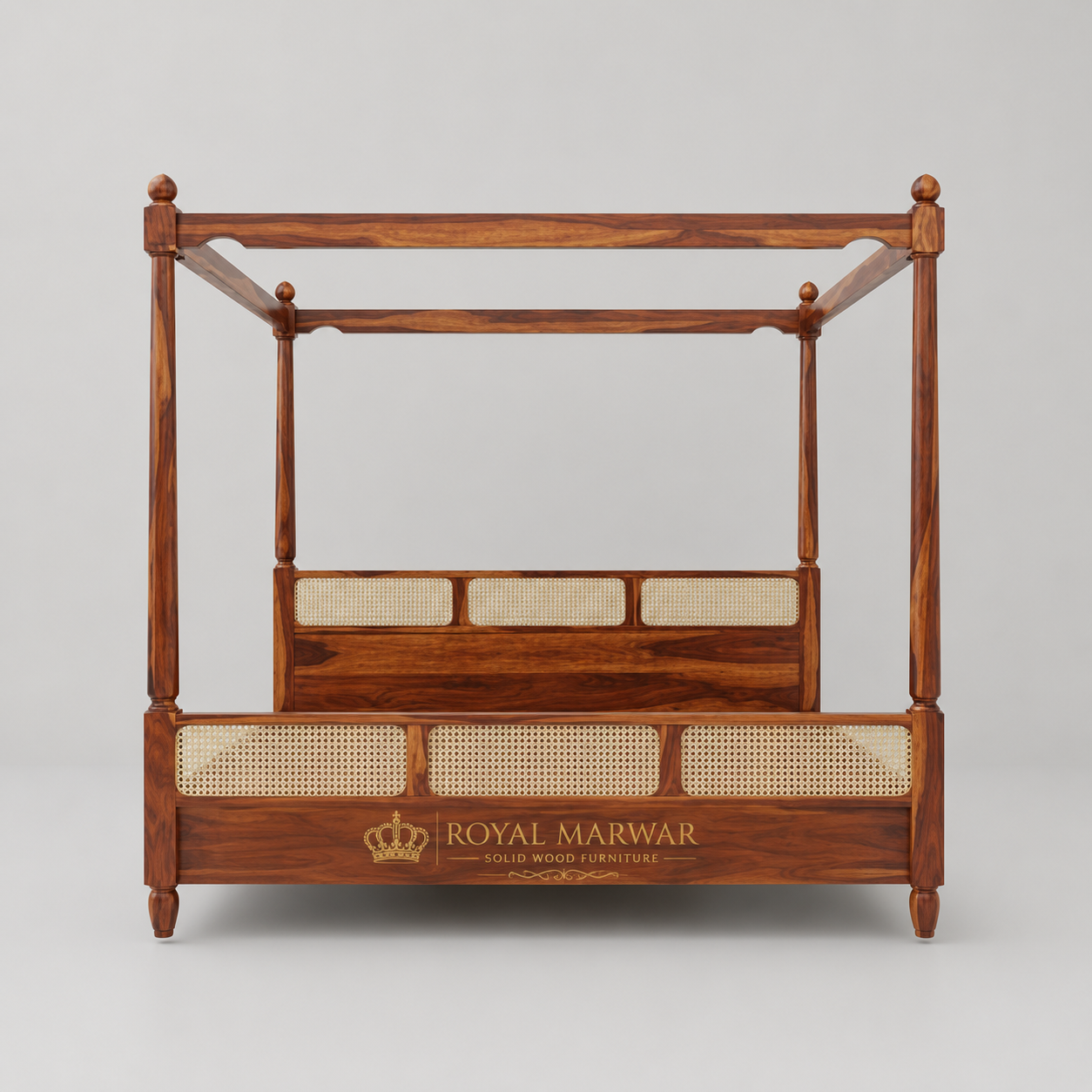 Royal Marwar Solid Sheesham Wood Four Poster Cane Bed | King Size | Premium Canopy Bed | Walnut Finish