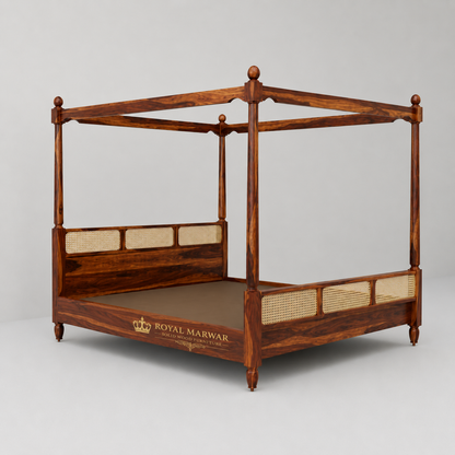 Royal Marwar Solid Sheesham Wood Four Poster Cane Bed | King Size | Premium Canopy Bed | Walnut Finish