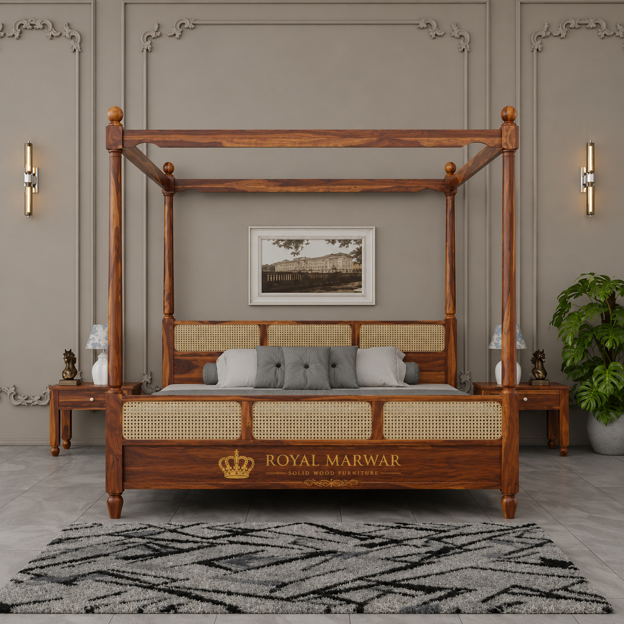 Royal Marwar Solid Sheesham Wood Four Poster Cane Bed | King Size | Premium Canopy Bed | Walnut Finish