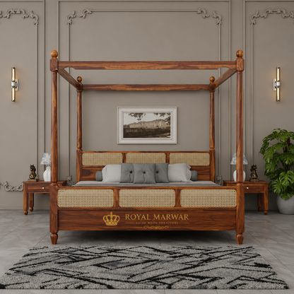 Royal Marwar Solid Sheesham Wood Four Poster Cane Bed | King Size | Premium Canopy Bed | Walnut Finish