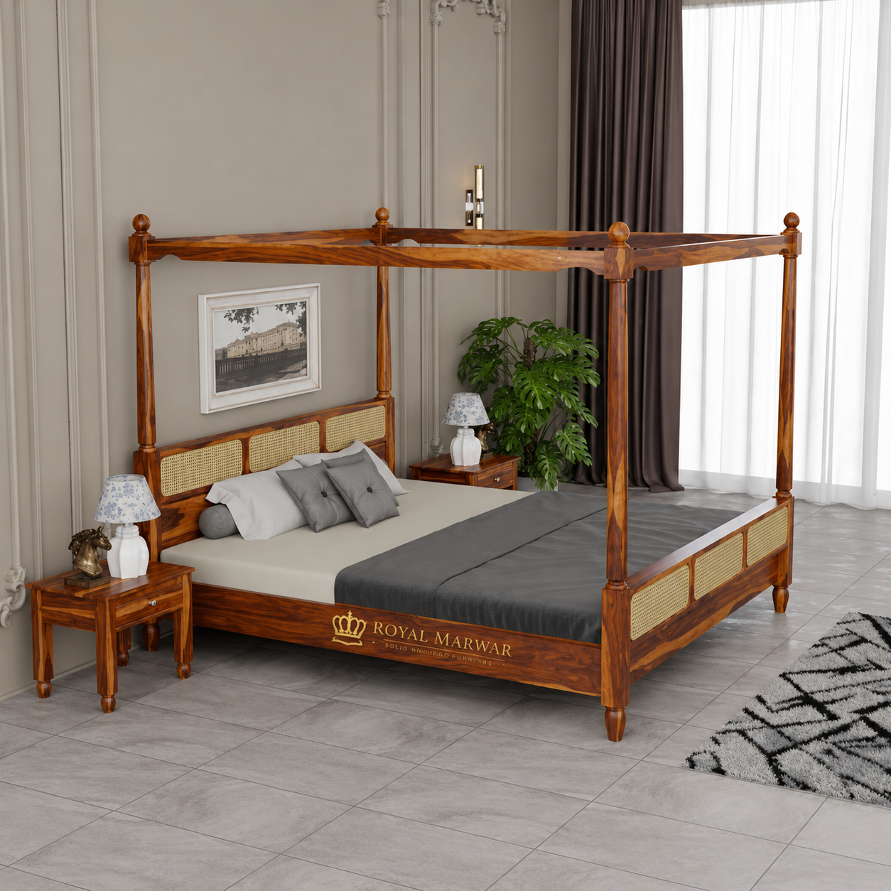 Royal Marwar Solid Sheesham Wood Four Poster Cane Bed | King Size | Premium Canopy Bed | Walnut Finish