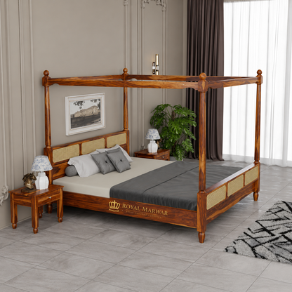 Royal Marwar Solid Sheesham Wood Four Poster Cane Bed | King Size | Premium Canopy Bed | Walnut Finish