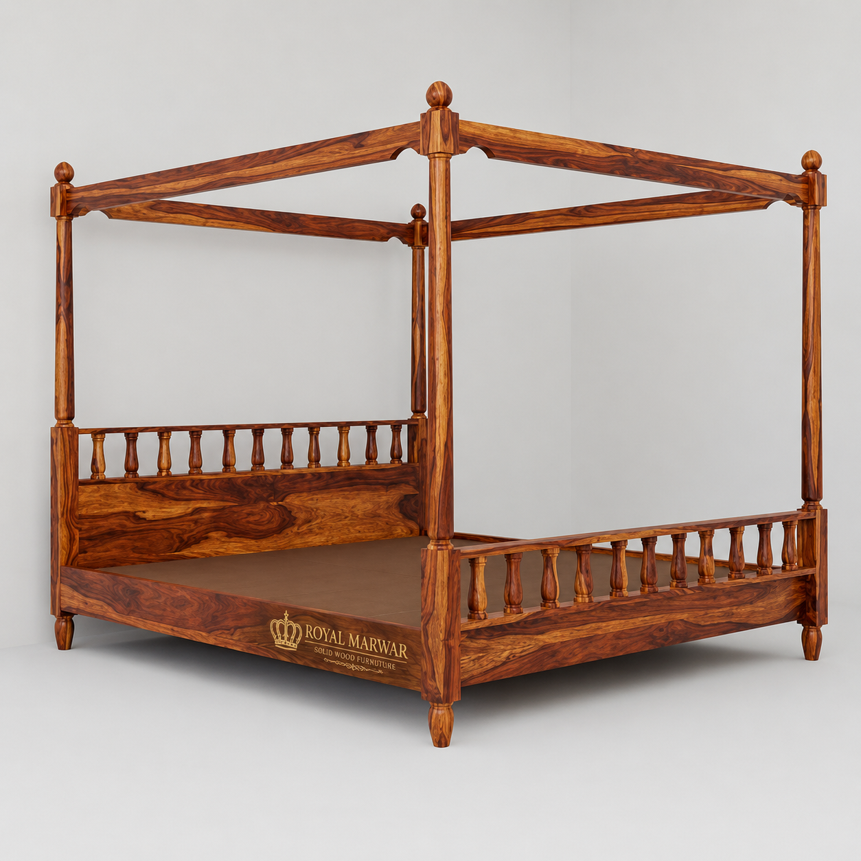 Royal Marwar Solid Sheesham Wood Four Poster Bed | King Size | Premium Solid Wood Canopy Bed | Honey Finish