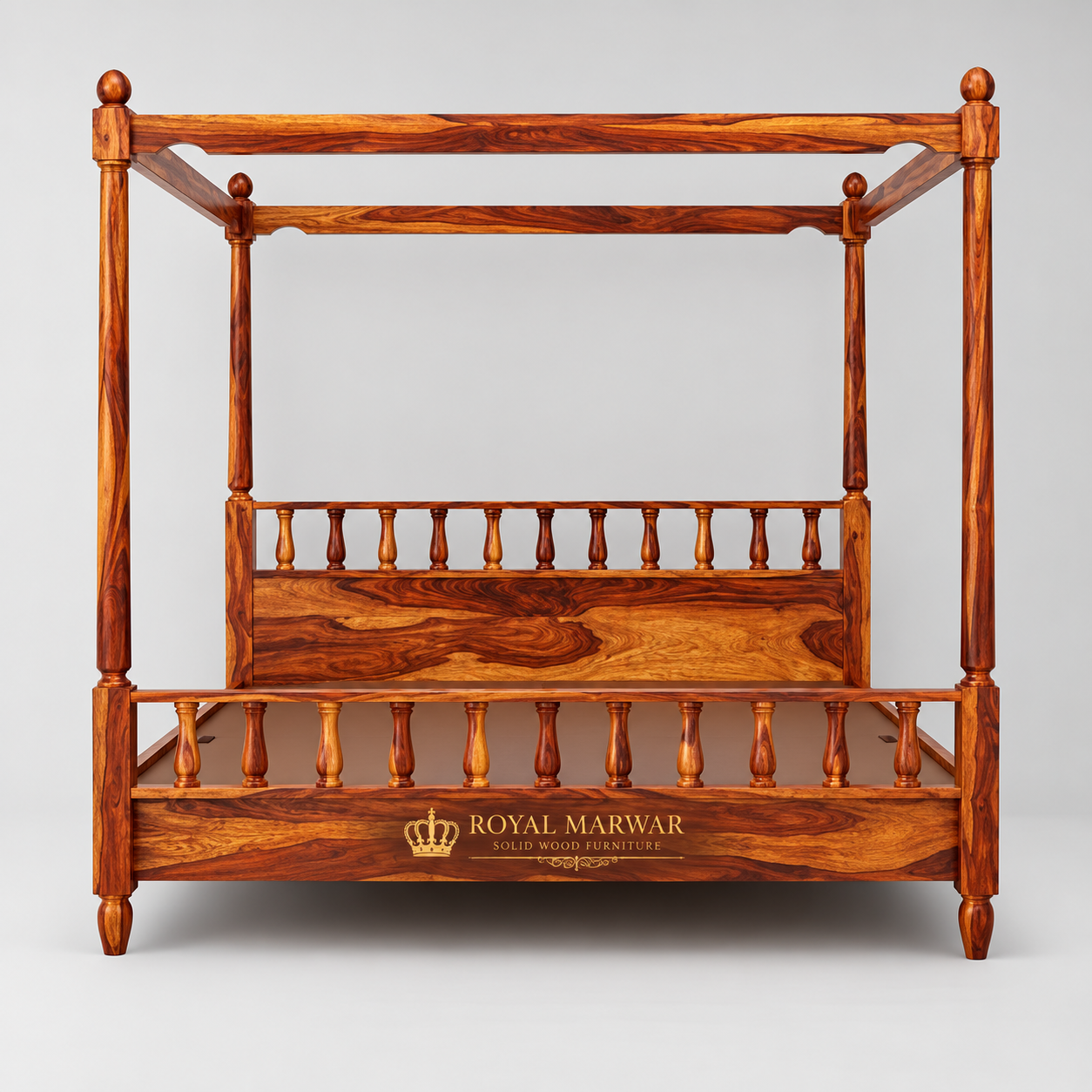 Royal Marwar Solid Sheesham Wood Four Poster Bed | King Size | Premium Solid Wood Canopy Bed | Honey Finish
