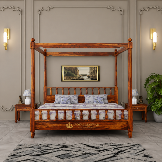 Royal Marwar Solid Sheesham Wood Four Poster Bed | King Size | Premium Solid Wood Canopy Bed | Honey Finish