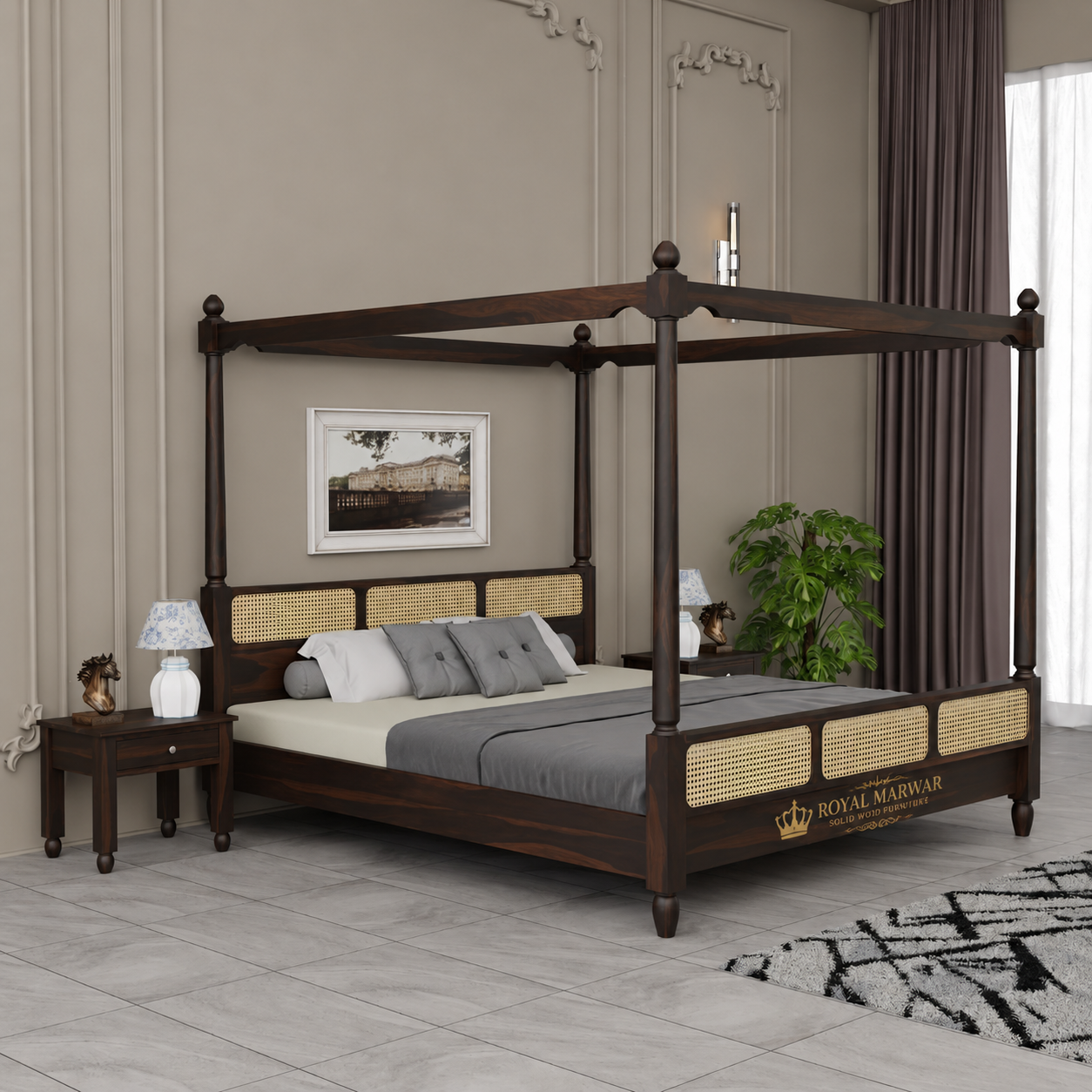 Royal Marwar Solid Sheesham Wood Four Poster Cane Bed | King Size | Premium Canopy Bed | Walnut Finish