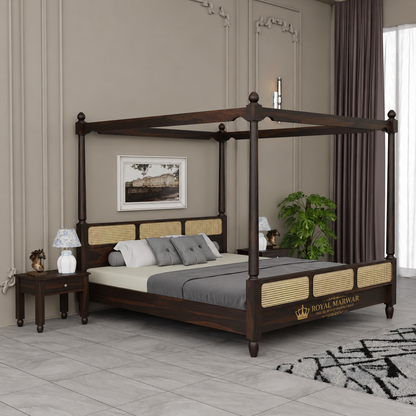 Royal Marwar Solid Sheesham Wood Four Poster Cane Bed | King Size | Premium Canopy Bed | Walnut Finish