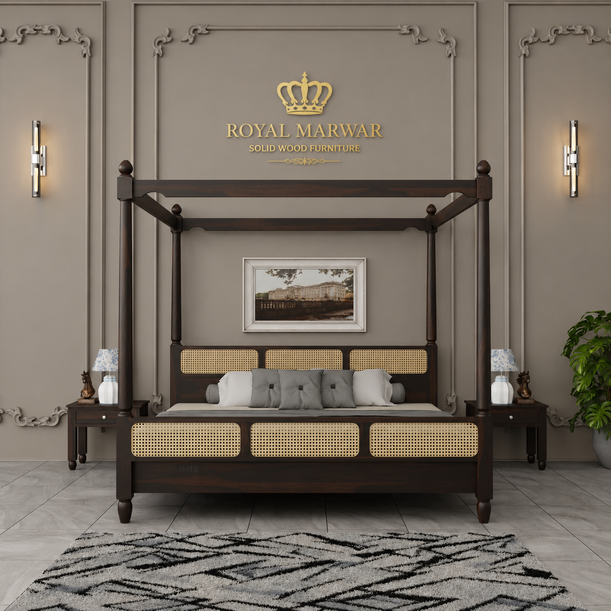 Royal Marwar Solid Sheesham Wood Four Poster Cane Bed | King Size | Premium Canopy Bed | Walnut Finish
