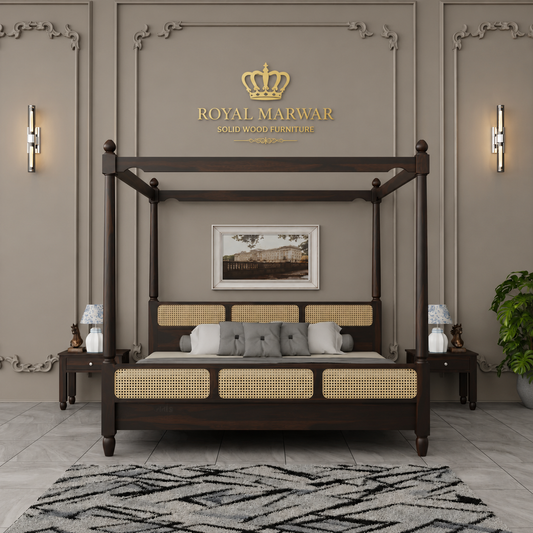 Royal Marwar Solid Sheesham Wood Four Poster Cane Bed | King Size | Premium Canopy Bed | Walnut Finish