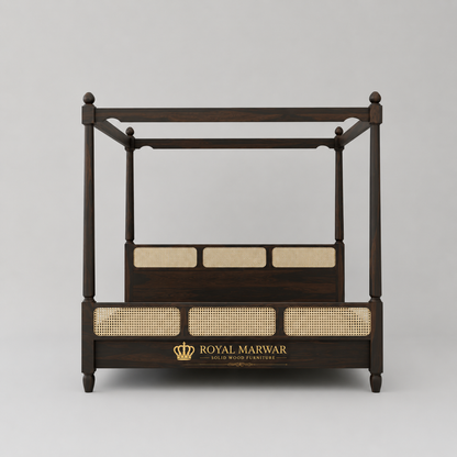 Royal Marwar Solid Sheesham Wood Four Poster Cane Bed | King Size | Premium Canopy Bed | Walnut Finish
