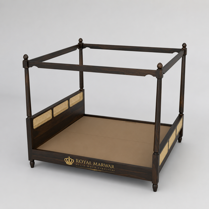 Royal Marwar Solid Sheesham Wood Four Poster Cane Bed | King Size | Premium Canopy Bed | Walnut Finish