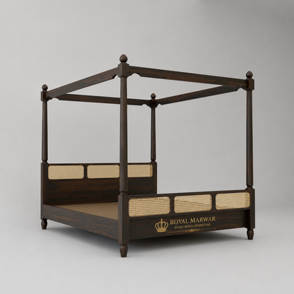 Royal Marwar Solid Sheesham Wood Four Poster Cane Bed | King Size | Premium Canopy Bed | Walnut Finish