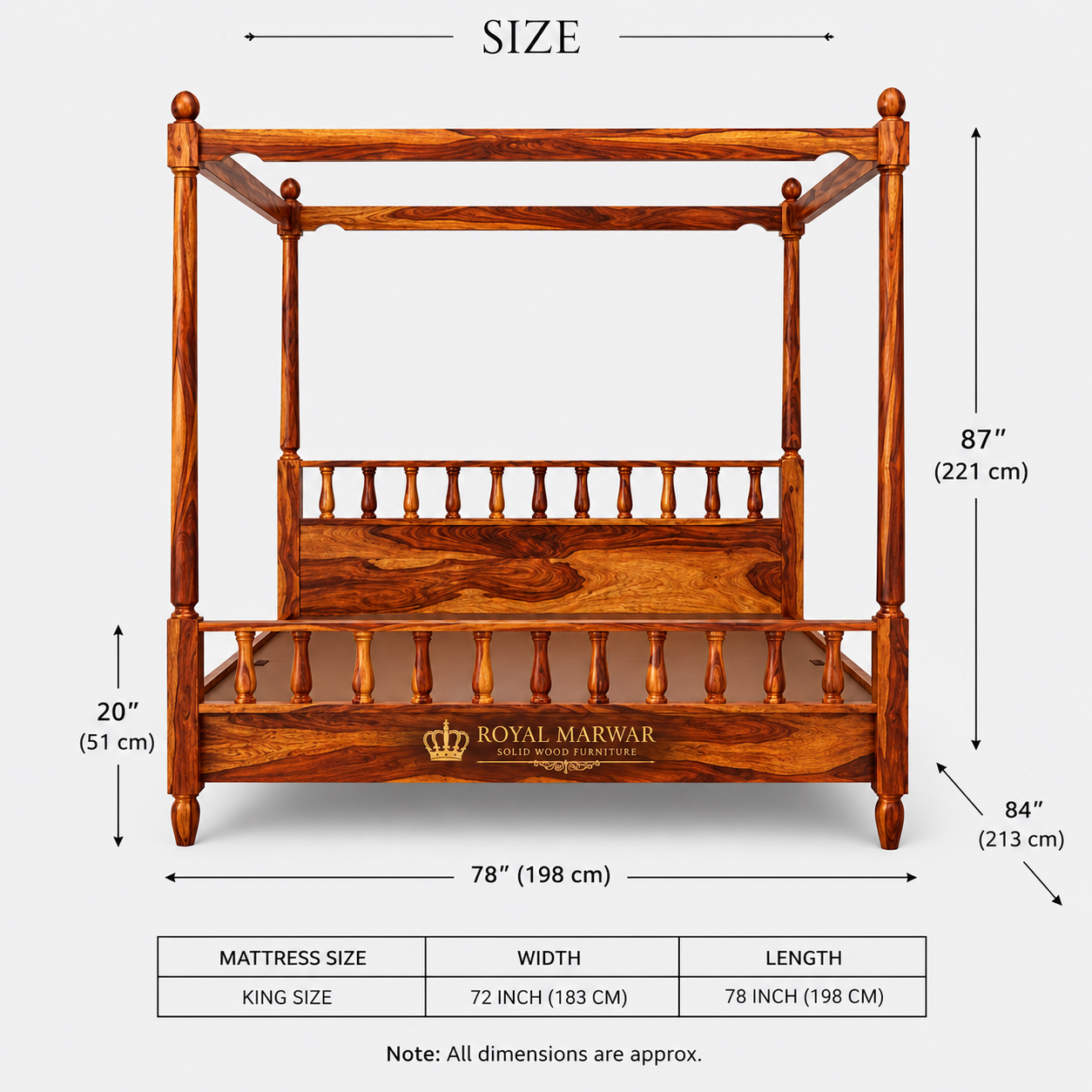 Royal Marwar Solid Sheesham Wood Four Poster Bed | King Size | Premium Solid Wood Canopy Bed | Honey Finish