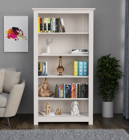 Royal Marwar Solid Mango Wood Bookshelf | 5 Tier Wooden Bookcase | Open Display Storage Shelf | White Finish