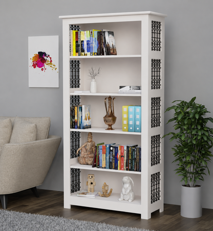 Royal Marwar Solid Mango Wood Bookshelf | 5 Tier Wooden Bookcase | Open Display Storage Shelf | White Finish