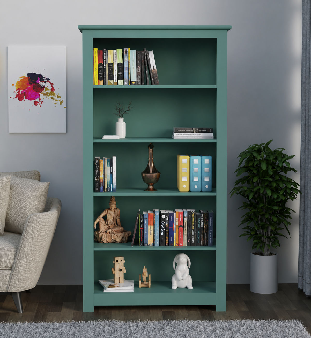 Royal Marwar Solid Mango Wood Bookshelf | 5 Tier Wooden Bookcase | Open Display Storage Shelf | White Finish