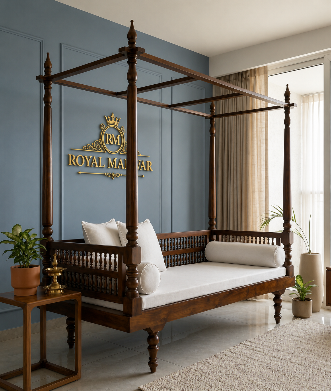 Royal Marwar Solid Sheesham Wood Daybed with Four Poster Frame | Luxury Wooden Daybed | Honey Finish