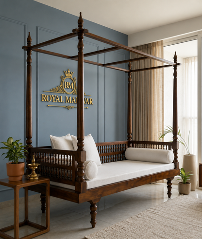 Royal Marwar Solid Sheesham Wood Daybed with Four Poster Frame | Luxury Wooden Daybed | Honey Finish