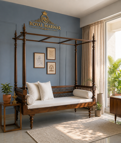 Royal Marwar Solid Sheesham Wood Daybed with Four Poster Frame | Luxury Wooden Daybed | Honey Finish