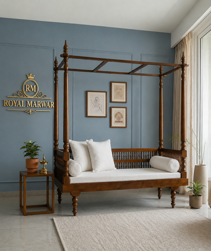 Royal Marwar Solid Sheesham Wood Daybed with Four Poster Frame | Luxury Wooden Daybed | Honey Finish