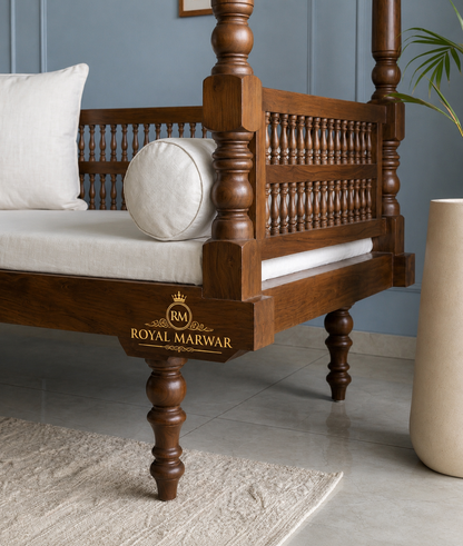 Royal Marwar Solid Sheesham Wood Daybed with Four Poster Frame | Luxury Wooden Daybed | Honey Finish