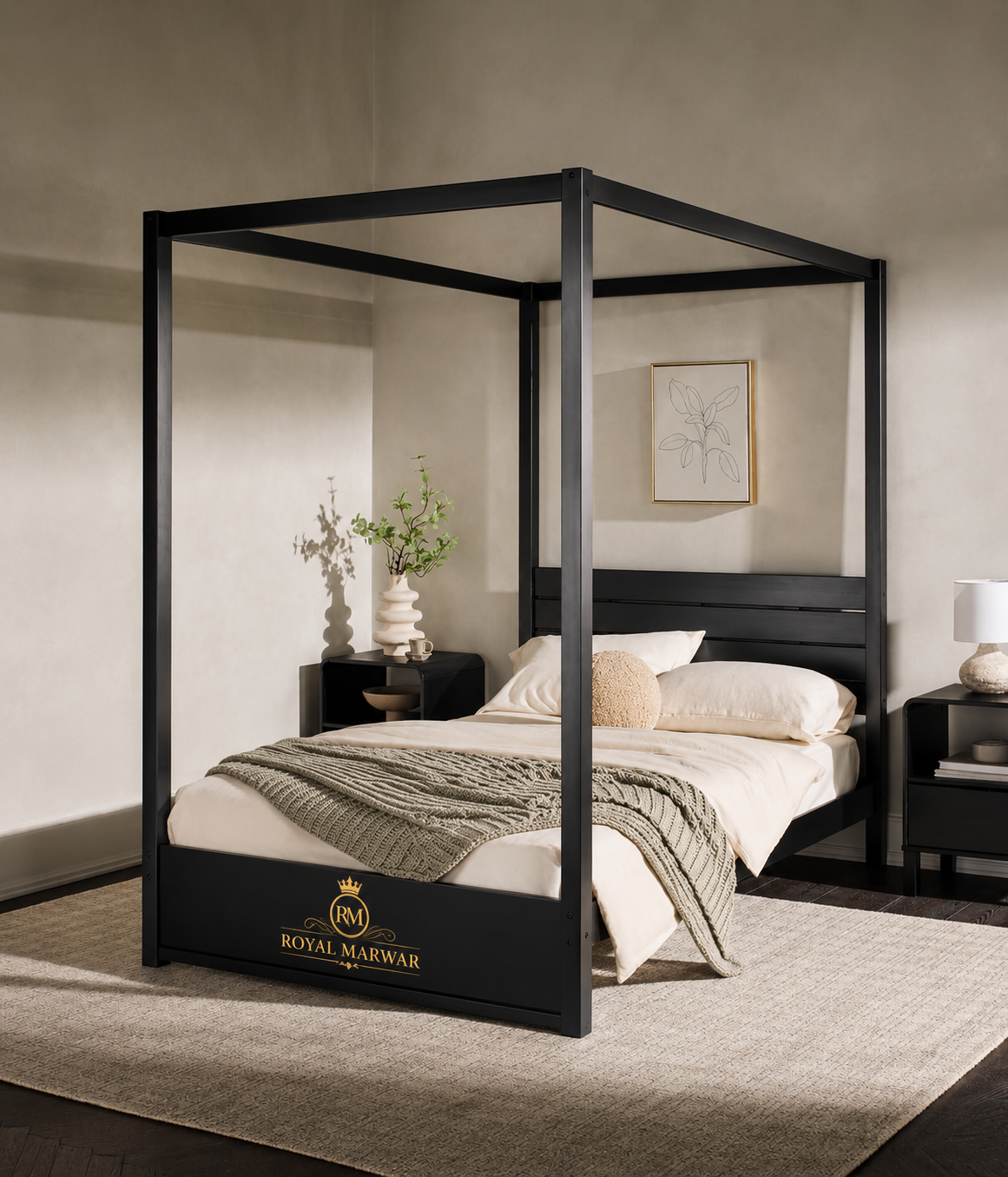 Royal Marwar Solid Sheesham Wood Four Poster Canopy Bed | Modern Minimalist Wooden Bed | Black Finish