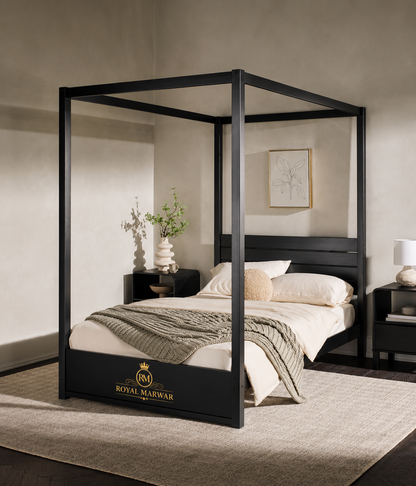 Royal Marwar Solid Sheesham Wood Four Poster Canopy Bed | Modern Minimalist Wooden Bed | Black Finish