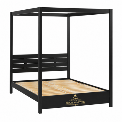 Royal Marwar Solid Sheesham Wood Four Poster Canopy Bed | Modern Minimalist Wooden Bed | Black Finish