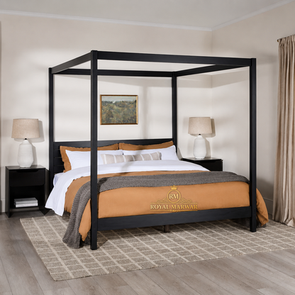 Royal Marwar Solid Sheesham Wood Four Poster Canopy Bed | Modern Minimalist Wooden Bed | Black Finish