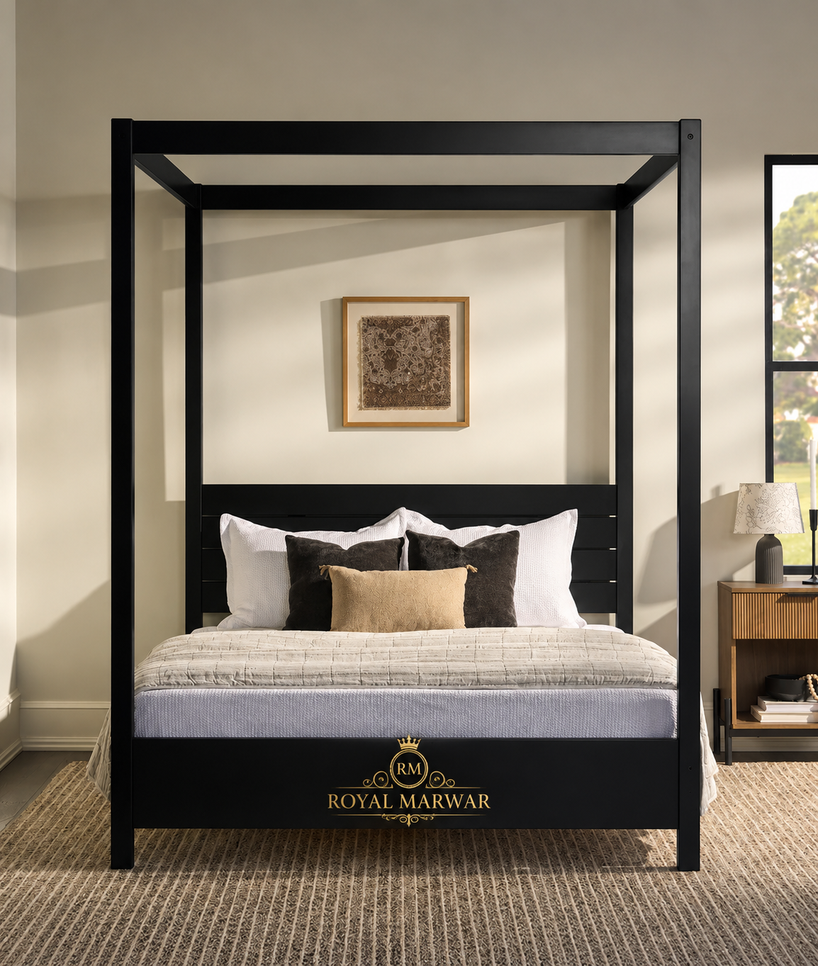 Royal Marwar Solid Sheesham Wood Four Poster Canopy Bed | Modern Minimalist Wooden Bed | Black Finish