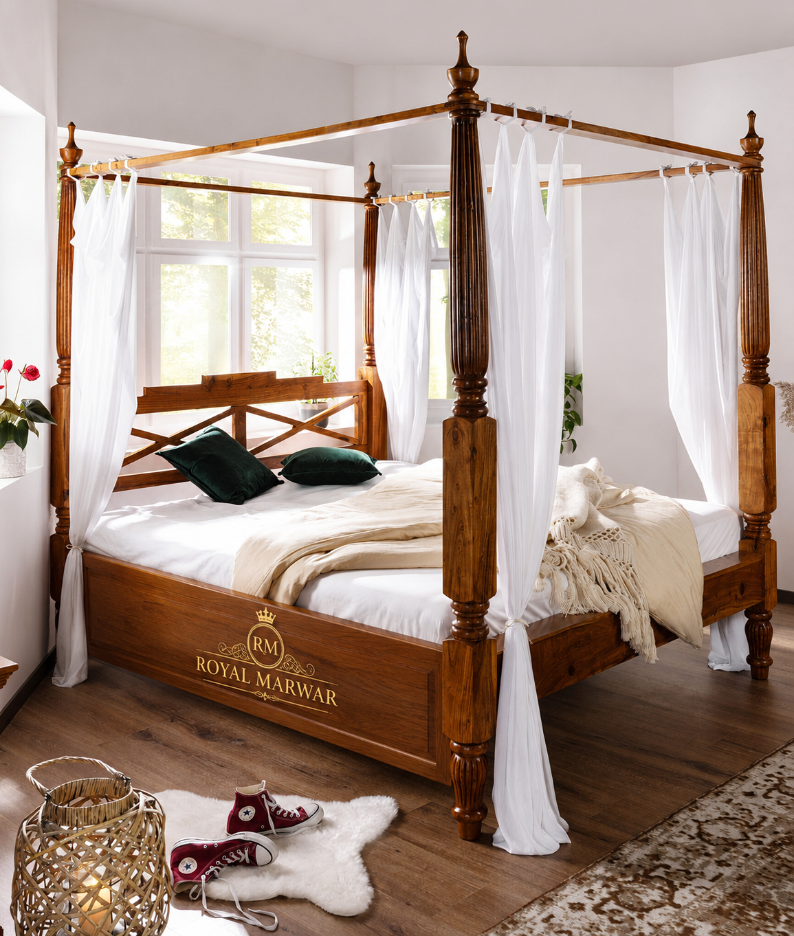Royal Marwar Solid Sheesham Wood Four Poster Canopy Bed | Luxury Wooden Poster Bed | Honey Finish