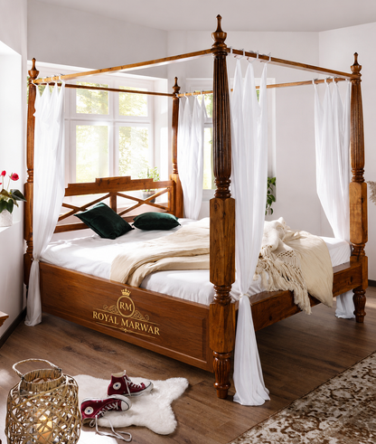 Royal Marwar Solid Sheesham Wood Four Poster Canopy Bed | Luxury Wooden Poster Bed | Honey Finish