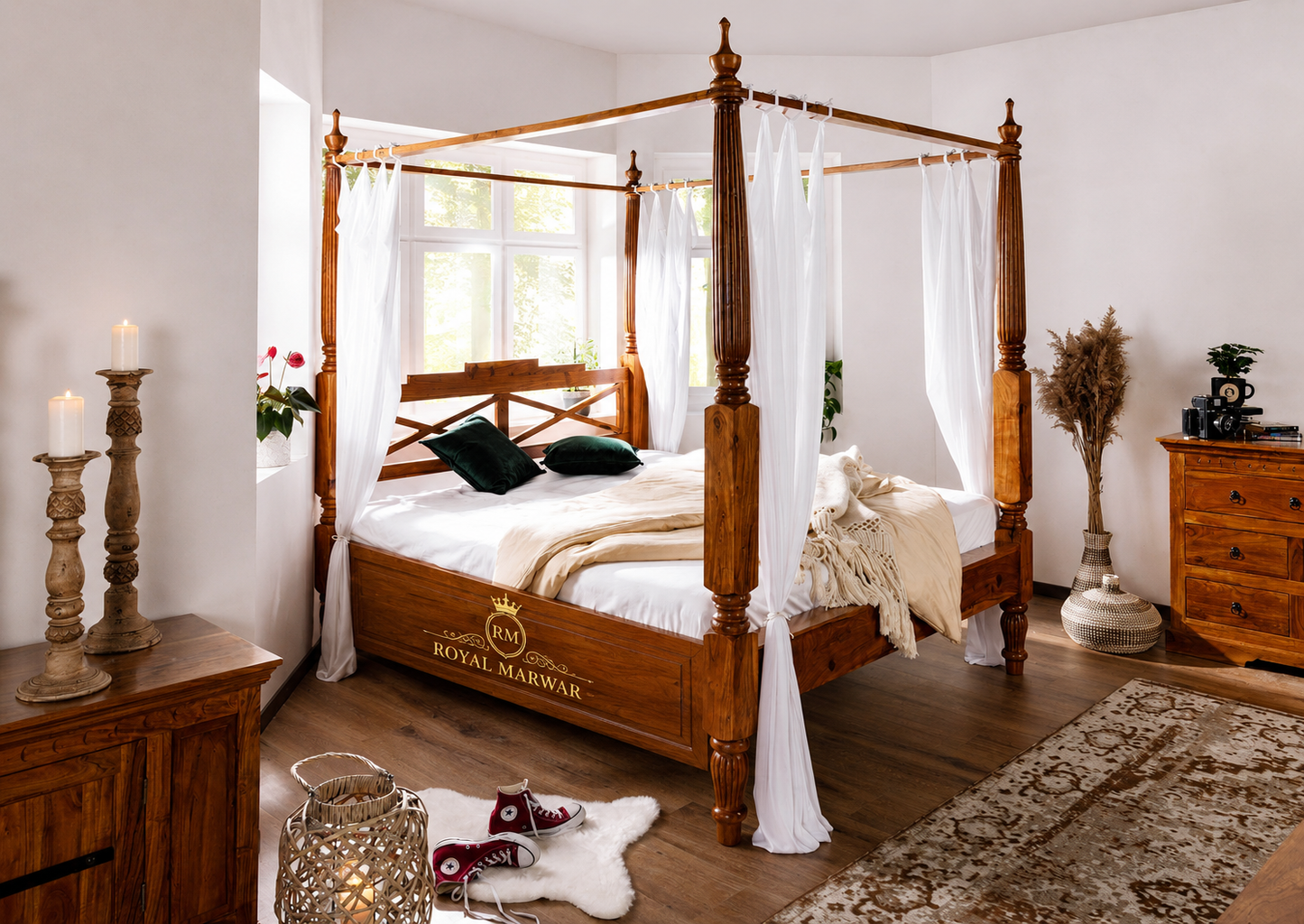 Royal Marwar Solid Sheesham Wood Four Poster Canopy Bed | Luxury Wooden Poster Bed | Honey Finish