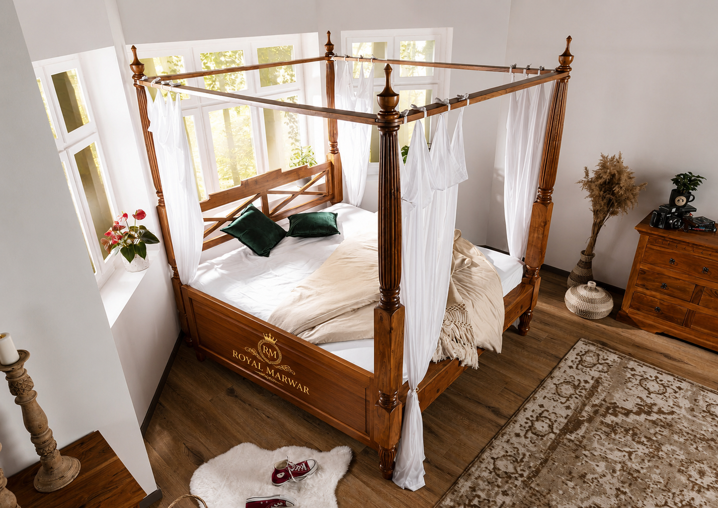 Royal Marwar Solid Sheesham Wood Four Poster Canopy Bed | Luxury Wooden Poster Bed | Honey Finish