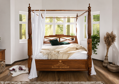 Royal Marwar Solid Sheesham Wood Four Poster Canopy Bed | Luxury Wooden Poster Bed | Honey Finish