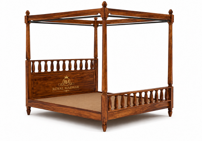 Royal Marwar Solid Sheesham Wood Four Poster Bed | King Size Canopy Bed | Premium Handcrafted Wooden Bed | Honey Finish & Walnut Finish